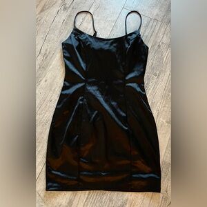 Better Be Sleek Black Mini Dress with Satin Finish and Adjustable straps Sz L
